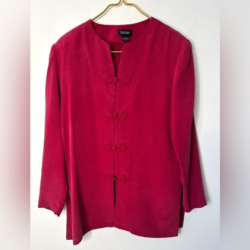 Vintage Shomi 100% Silk Lightweight Unique Toggle Retro Red Tunic Womens 10 FLAW